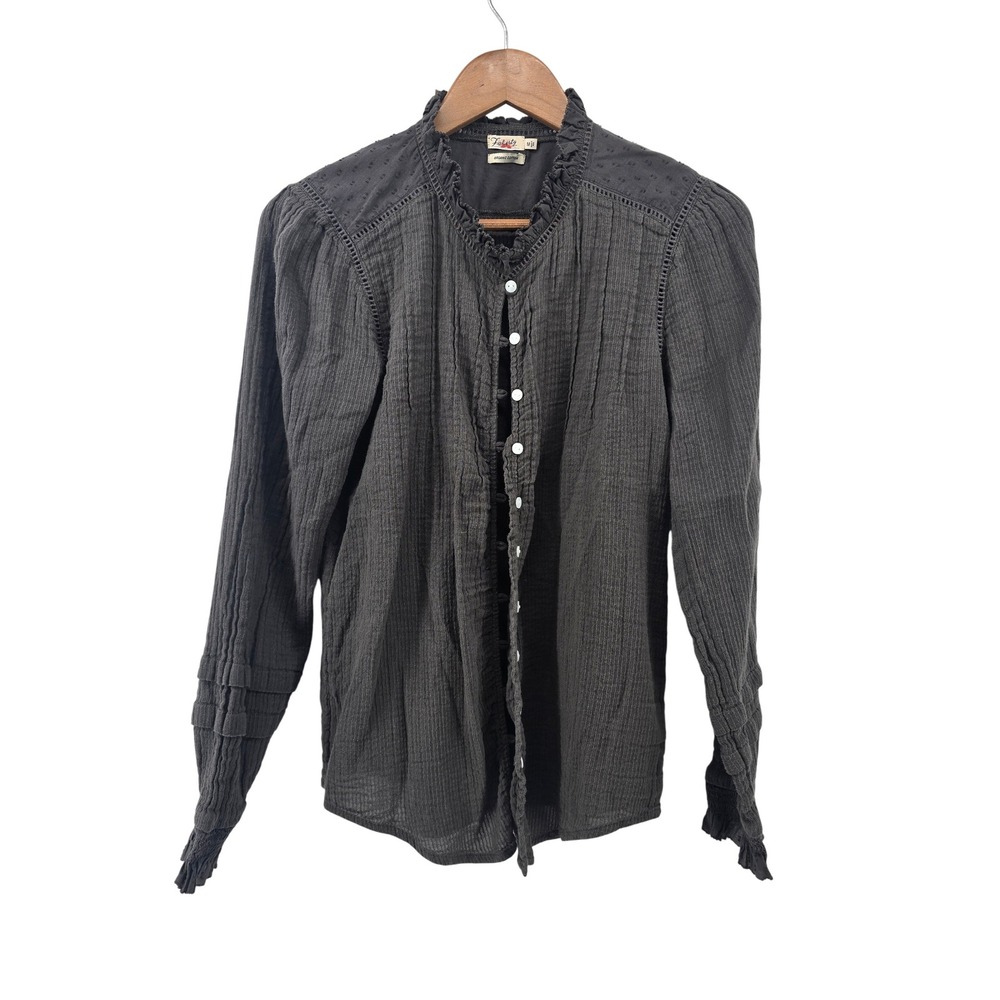 Faherty Organic Cotton Ruffle Neck Blouse Medium‎ Grey Long Sleeve Button Boho